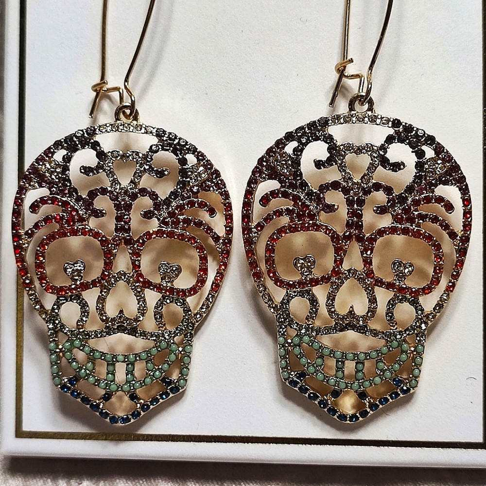 Bella Jack Sugar Skull Vibrant Multi Rhinestone Earrings NIB Day of the Dead NEW - Picture 5 of 10
